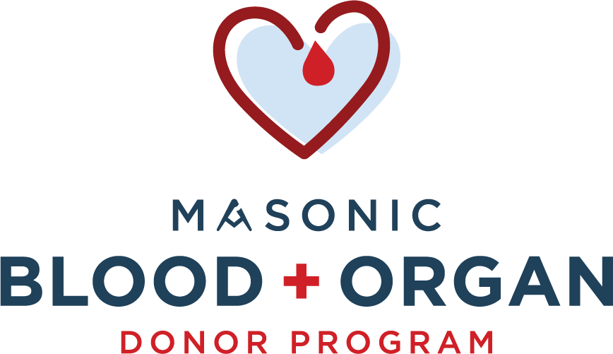 Masonic Blood + Organ Donor Program logo with a graphic of a red heart with a droplet of blood at the top.