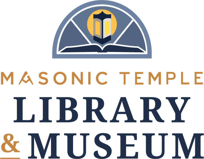 Masonic Temple, Library and Museum Logo with graphic of a lantern above an open book framed by an arched window.
